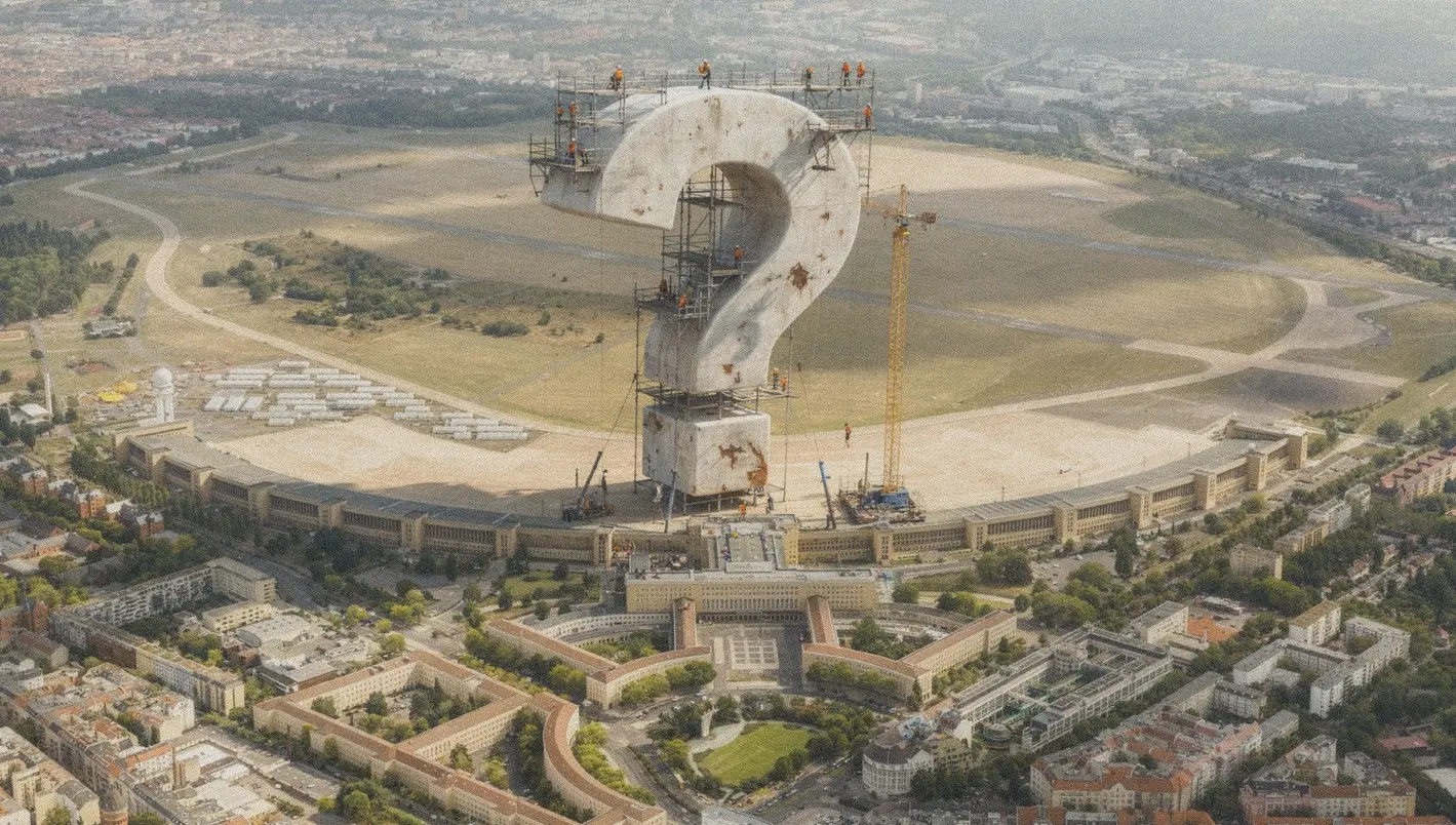 Bauarbeiten am überdimensionalen Fragezeichen auf dem Tempelhofer Feld
